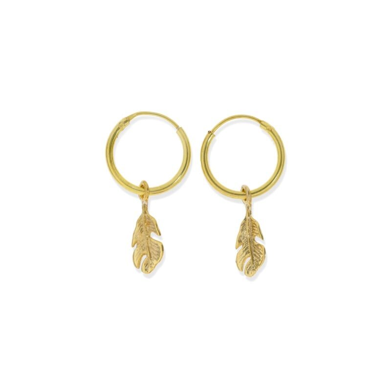 Pendientes de plata de ley 925 con baño de oro de 18 quilates con aro de 1,2x12,2mm y colgante de pluma de 13mm.