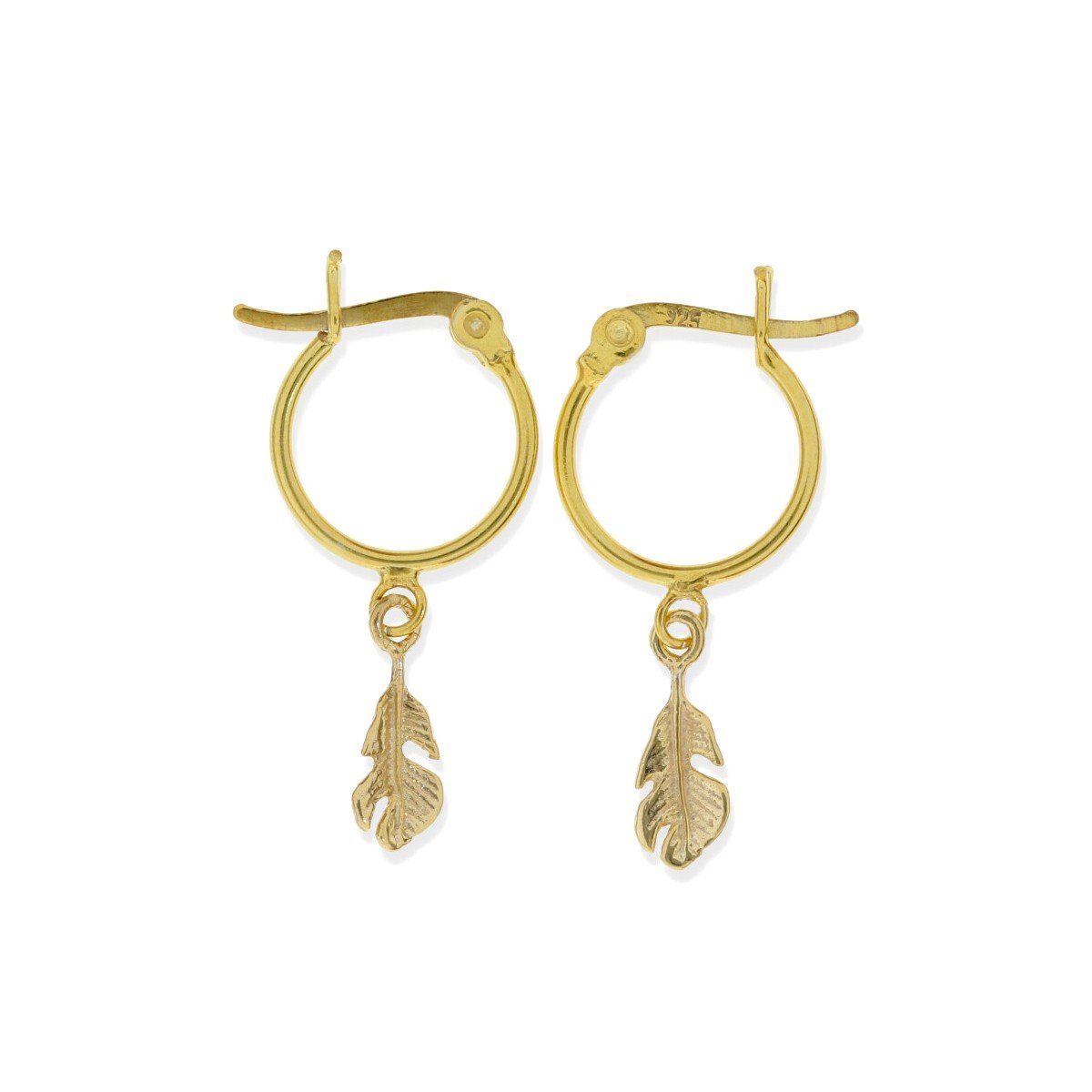 Pendientes aro con pluma dorados Pendientes de plata de ley 925 con baño de oro de 18 quilates con aro de 1,2x14mm y colgante de pluma de 13mm.