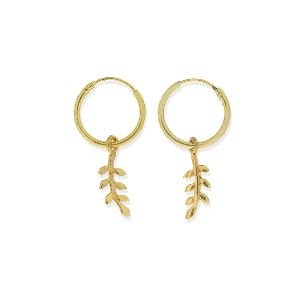 Pendientes aro con ramita dorados Pendientes de plata de ley 925 con baño de oro de 18 quilates con aro de 1,2x12.5mm y colgante ramita de 13mm.