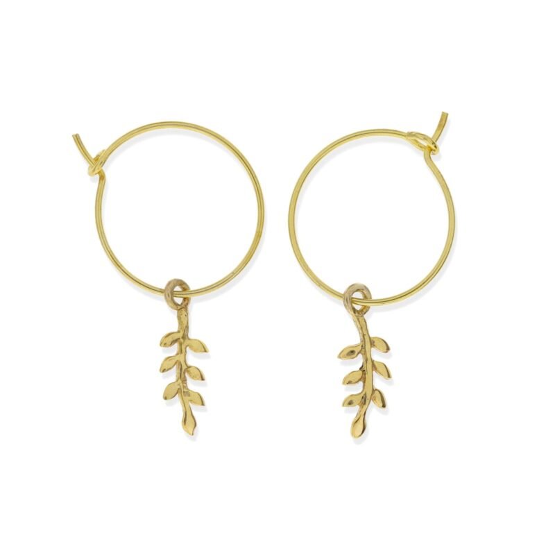 Pendientes de plata de ley 925 con baño de oro de 18 quilates con aro de 0,6x16mm y colgante ramita de 13mm.