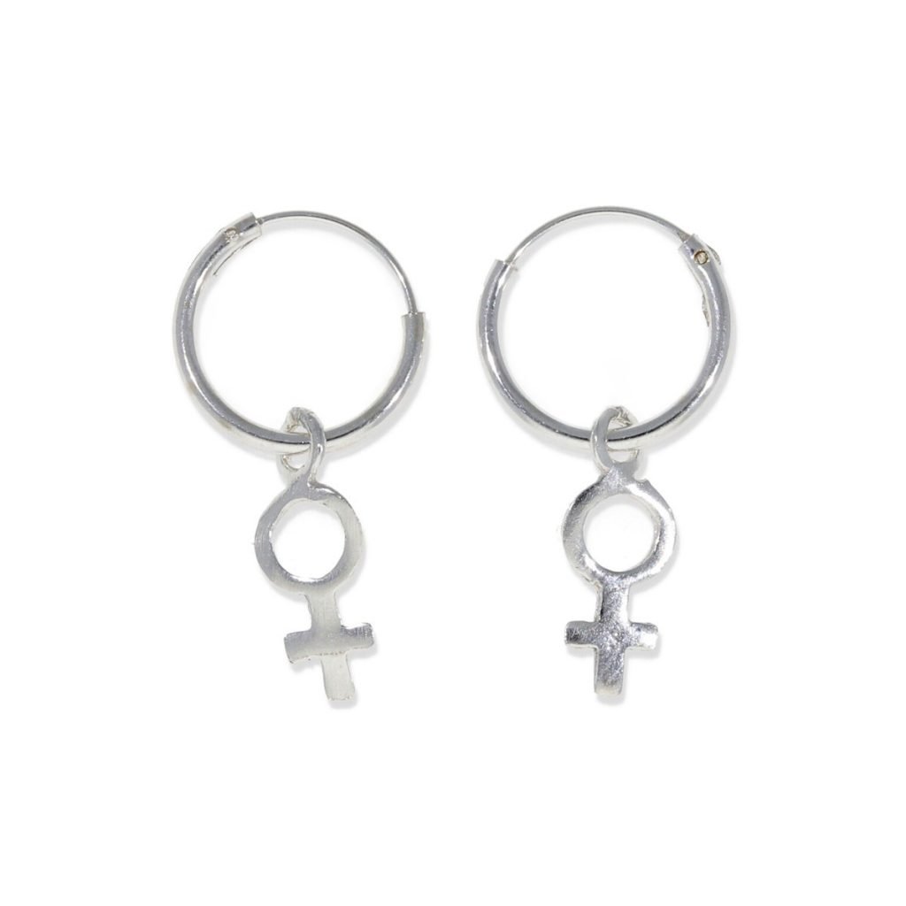 Pendientes de plata de ley 925 con aro de 1,2x12mm y colgante de símbolo de la mujer de 5x13,5mm.