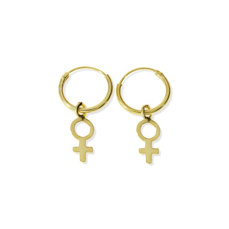 Pendientes de plata de ley 925 con baño de oro de 18 quilates con aro de 1,2x12mm y colgante de símbolo de la mujer 5x13,5mm.