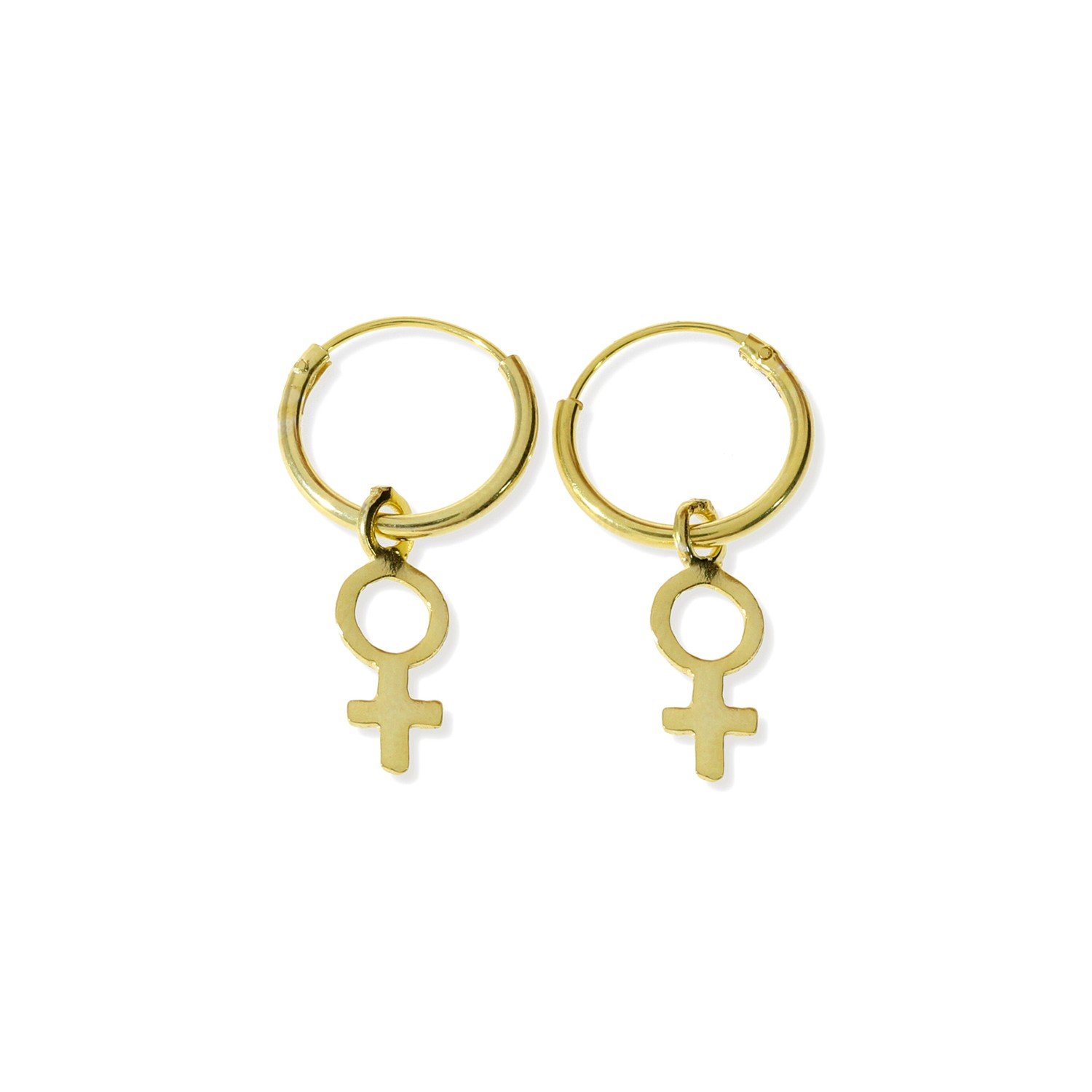 Pendientes aro con símbolo de la mujer dorados Pendientes de plata de ley 925 con baño de oro de 18 quilates con aro de 1,2x12mm y colgante de símbolo de la mujer 5x13,5mm.