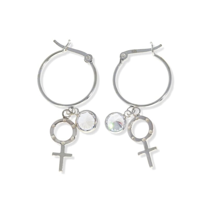 Pendientes de plata de Ley 925 con aro de 1x18mm y colgante de símbolo de la mujer de 8x19mm y circonita de 7mm.