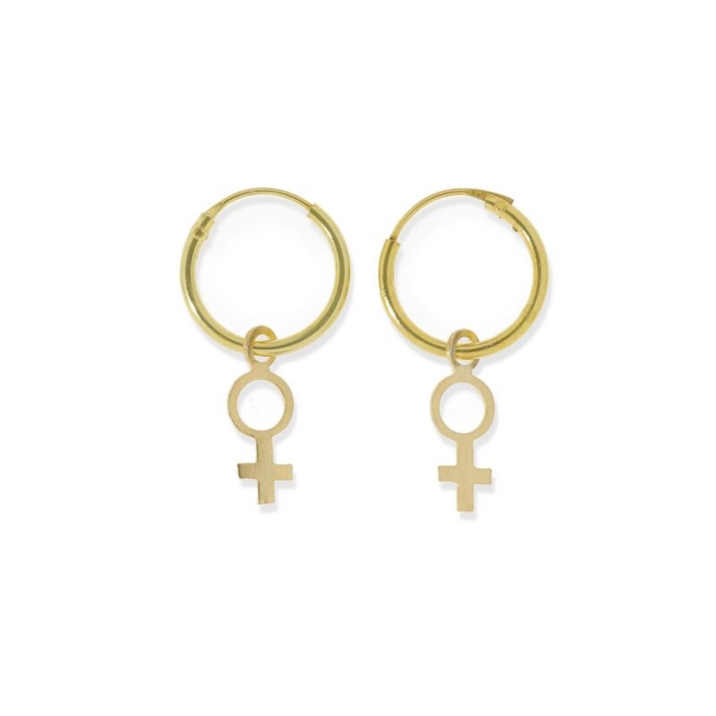 Aro plata de ley 925 con baño de oro de 18 quilates con aro de 1,2x12,5mm y colgante símbolo mujer de 10mm.