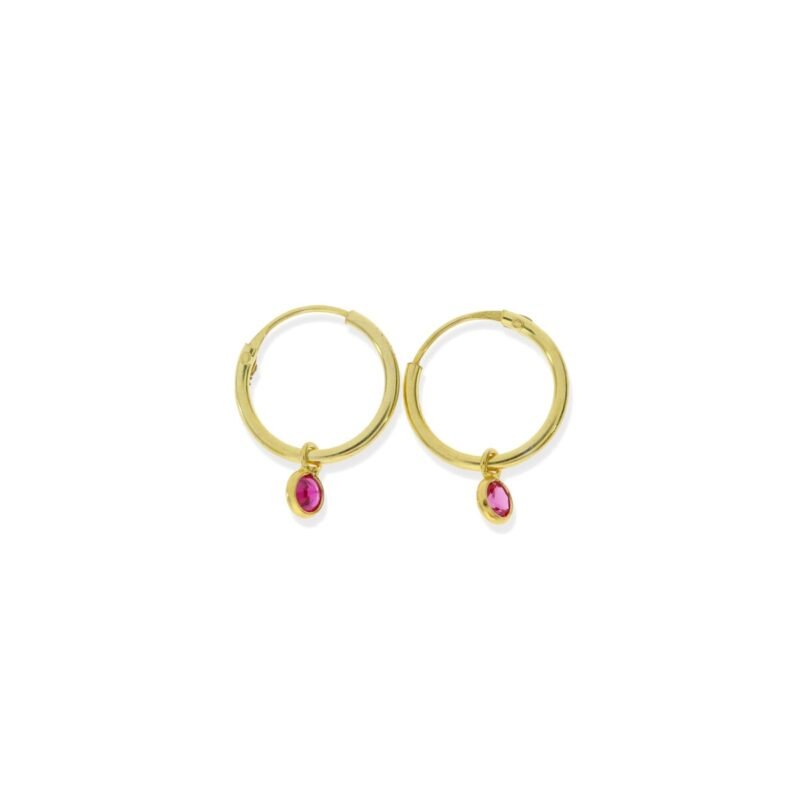 Pendientes de plata de ley 925 con baño de oro de 18 quilates con aro de 1,2x12mm y colgante de circonita color fucsia de 3,5mm.