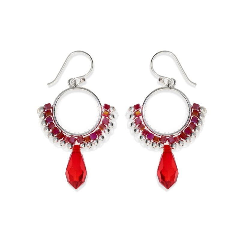 Pendientes de plata de ley 925 círculo de 15mm de cuentas con cubos rojos y bolitas de plata de 2,5mm y colgante rojo de 14mm con cierre hippie.