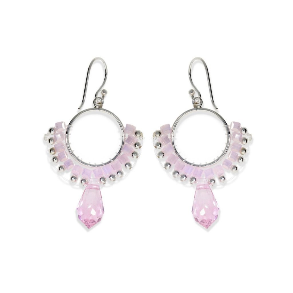 Pendientes de plata de ley 925 círculo de 15mm de cuentas con cubos rosas y bolitas de plata de 2,5mm y colgante rosa de 14mm con cierre hippie.