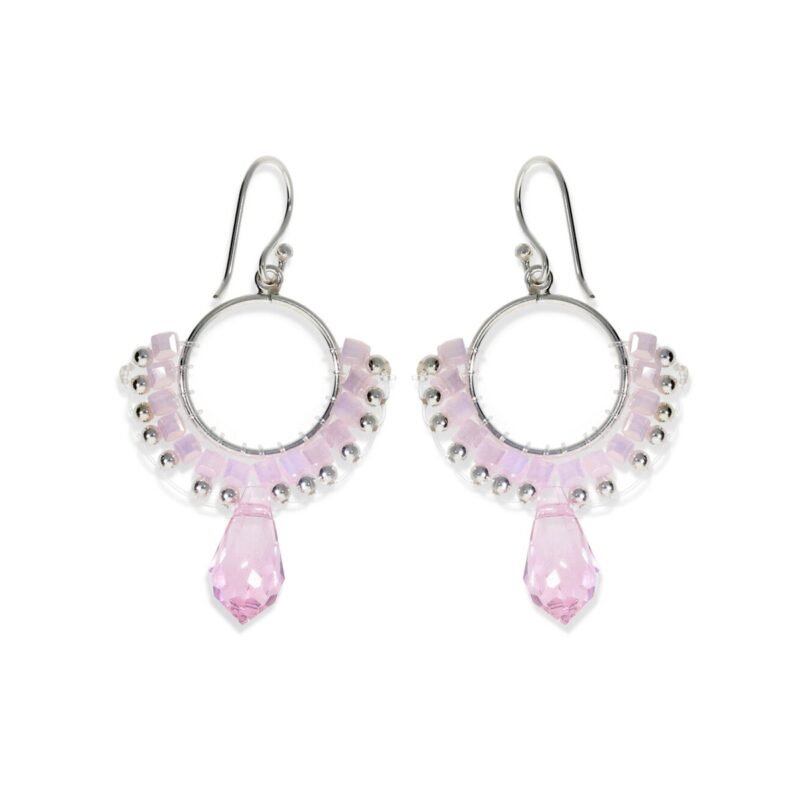 Pendientes de plata de ley 925 círculo de 15mm de cuentas con cubos rosas y bolitas de plata de 2,5mm y colgante rosa de 14mm con cierre hippie.