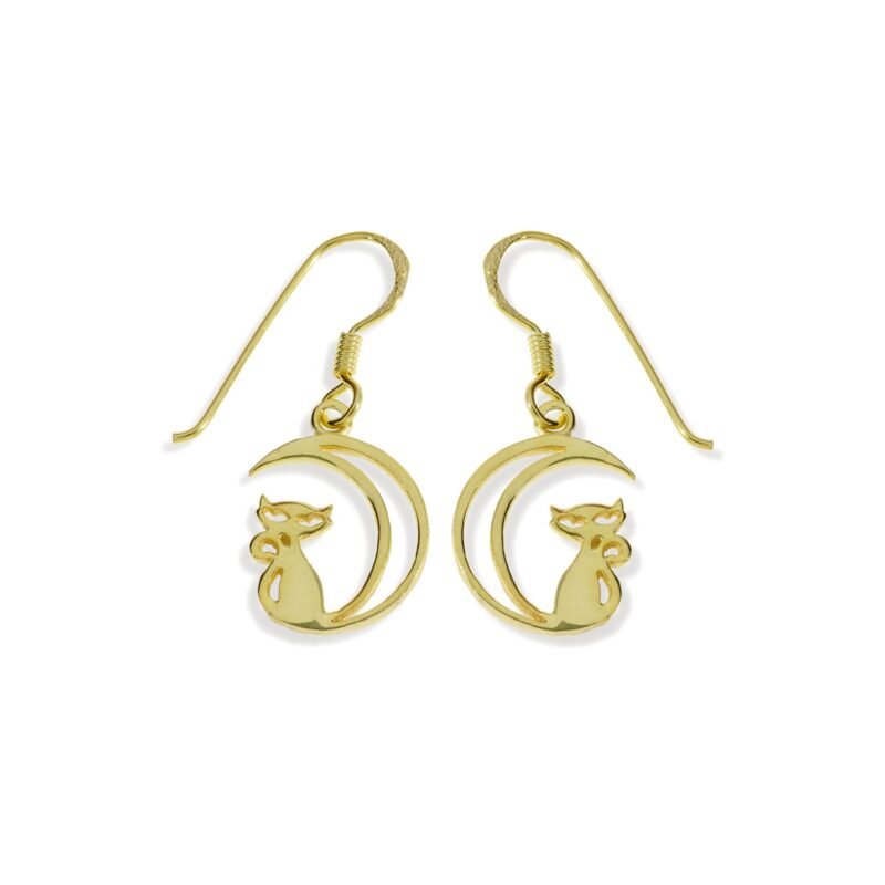 Pendientes de plata de ley 925 con baño de oro de 18 quilates con gato en la luna de 15mm y cierre hippie.