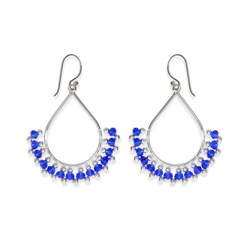 Pendientes de plata de ley 925 gota de cuentas con bolitas azules y de plata de 2,5mm de 28x31mm con cierre hippie.