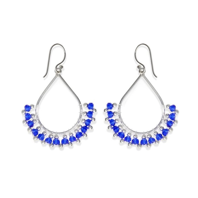 Pendientes de plata de ley 925 gota de cuentas con bolitas azules y de plata de 2,5mm de 28x31mm con cierre hippie.