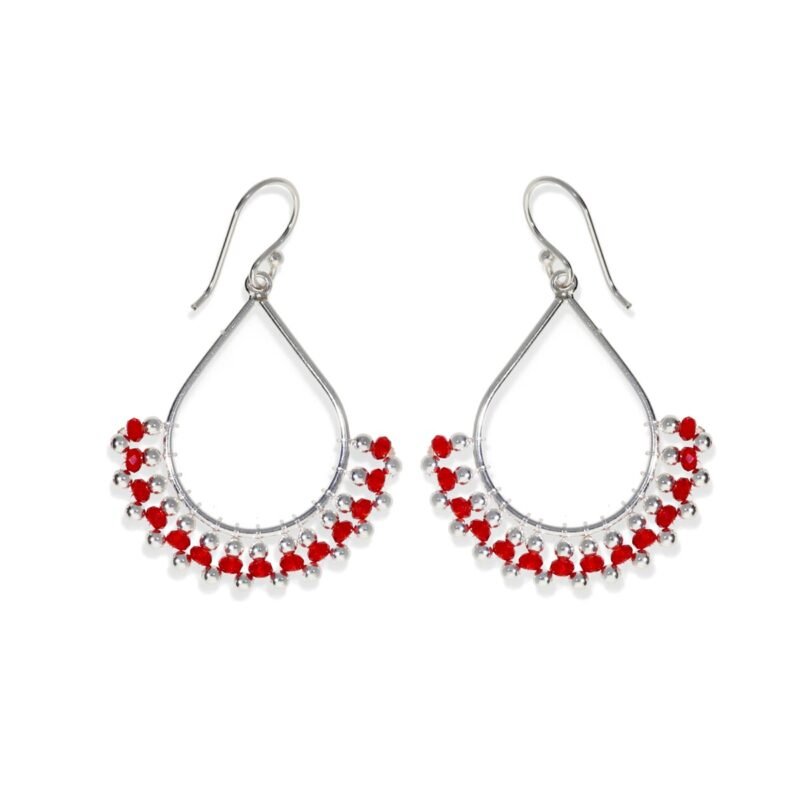 Pendientes de plata de ley 925 con forma de gotas de cuentas con bolitas rojas y de plata de 2,5mm de 28x31mm con cierre hippie.