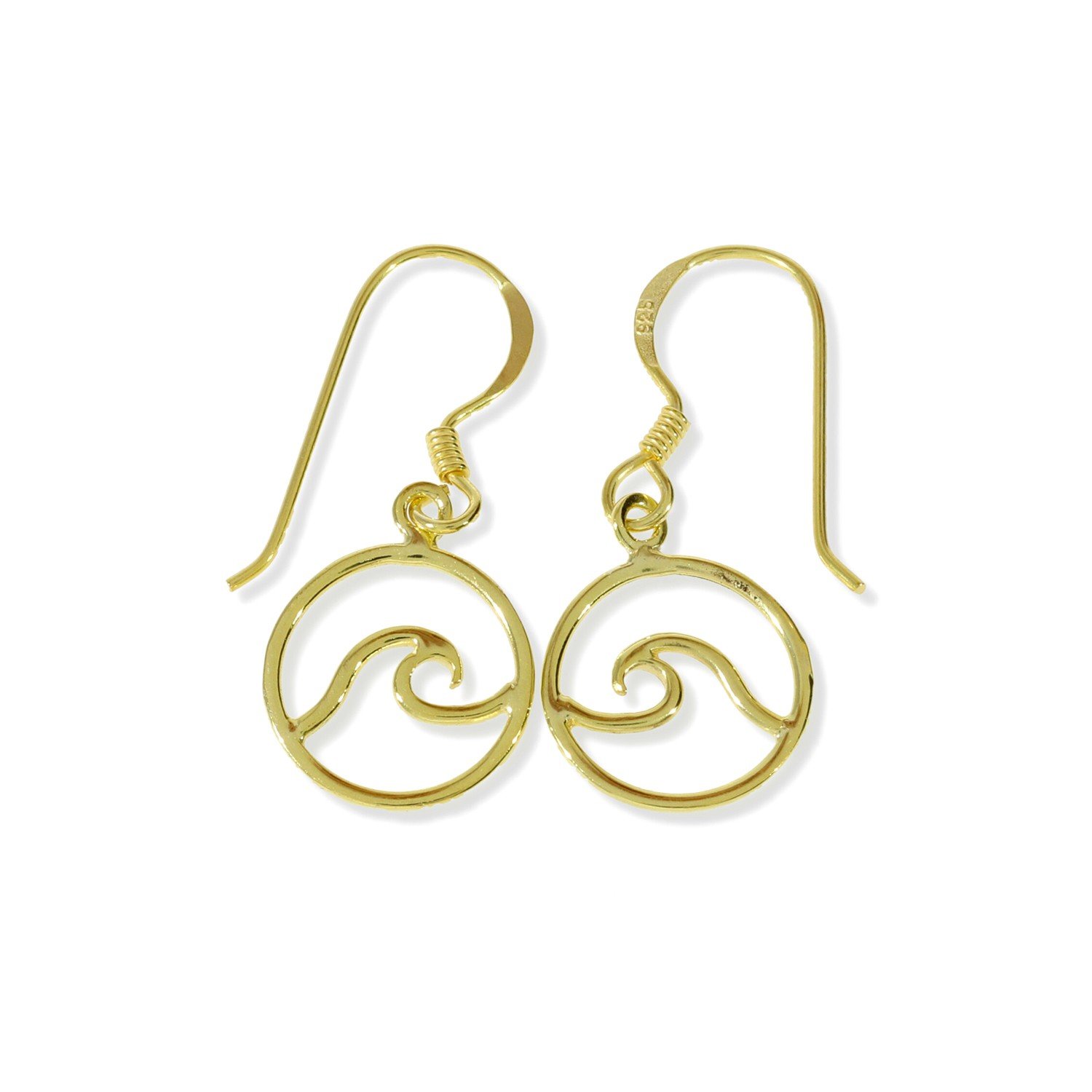 Pendientes ola dorados Pendientes de plata de ley 925 con baño de oro de 18 quilates con ola de 12mm y cierre hippie.