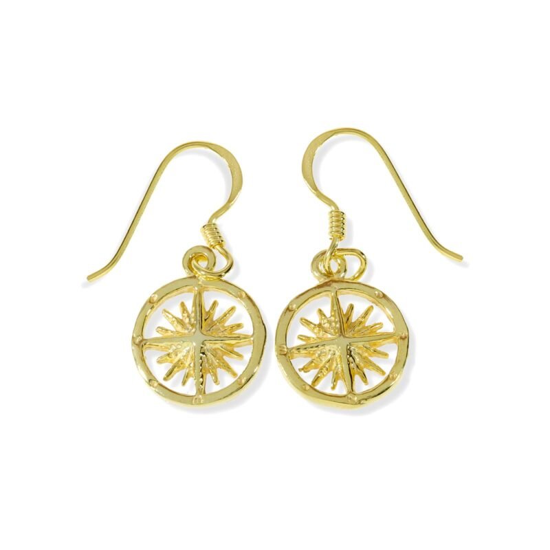 Pendientes de plata de ley 925 con baño de oro de 18 quilates con rosa de los vientos 11mm y cierre hippie.