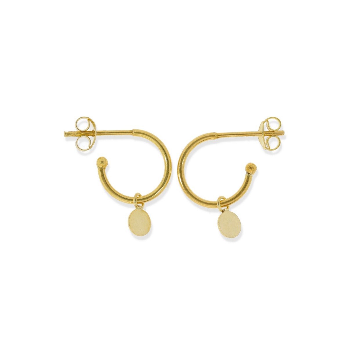 Pendientes semiaro con círculo dorados Pendientes de plata de ley 925 con baño de oro de 18 quilates con semiaro de 1,2x12mm y colgante círculo de 4,5mm.