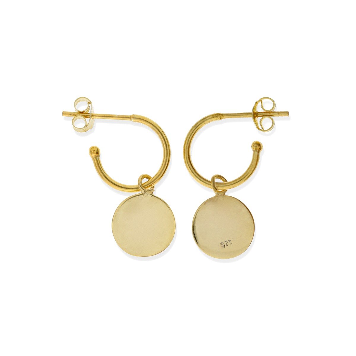 Pendientes semiaro con círculo dorados Pendientes de plata de ley 925 con baño de oro de 18 quilates con semiaro de 1,2x12,5mm y colgante círculo de 10mm.