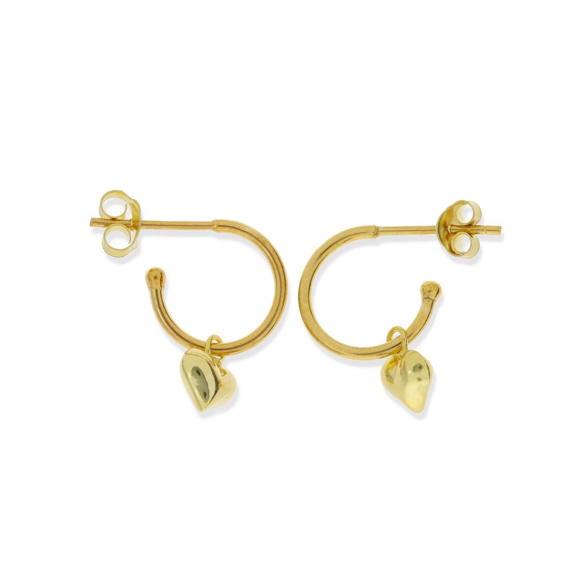 Pendientes semiaro con corazón dorados Pendientes de plata de ley 925 con baño de oro de 18 quilates con aro de 1,2x12,2mm y colgante de corazón de 5mm alto y 3mm de grosor.