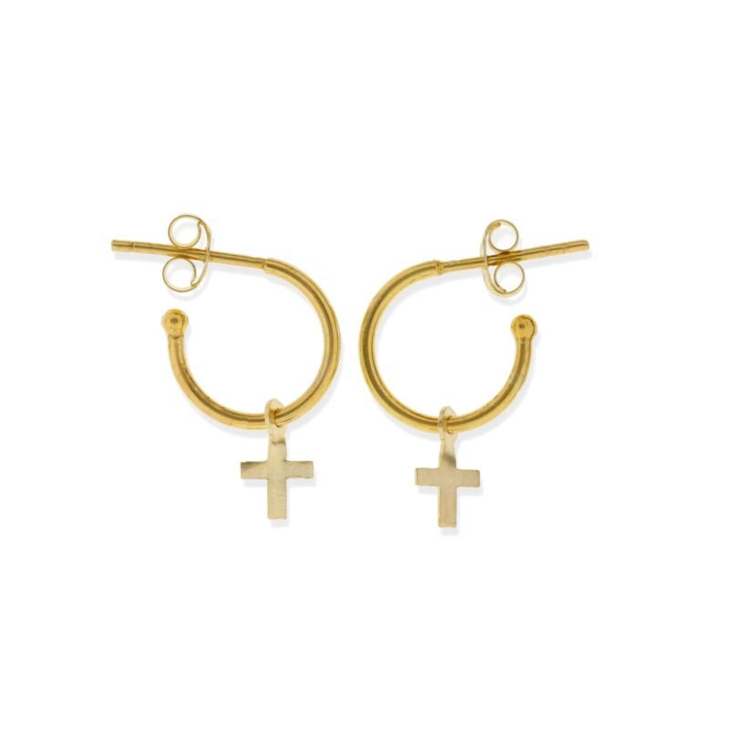Pendientes de plata de ley 925 con baño de oro de 18 quilates con semiaro de 1,2x12,5mm y colgante de cruz de 7mm.