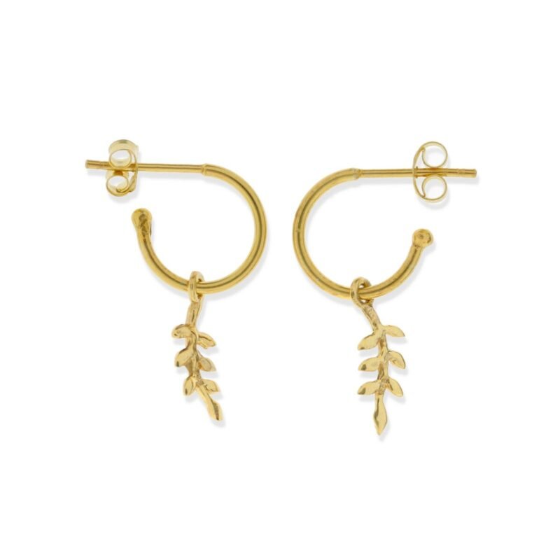 Pendientes de plata de ley 925 con baño de oro de 18 quilates con semiaro de 1,2x12.2mm y colgante ramita de 13mm.