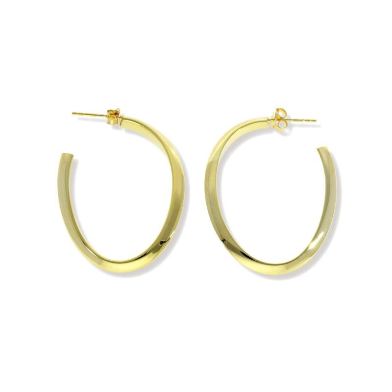 Pendientes de plata de ley 925 con baño de oro de 18 quilates con semiaro liso triangular ovalado de 29x39,5mm y 3mm de grosor.