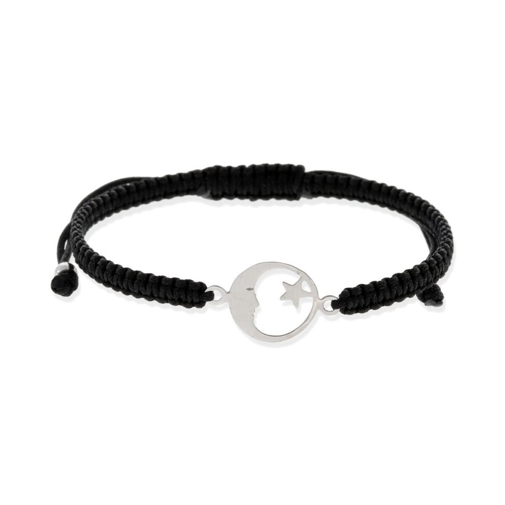 Pulsera de macramé con entrepieza de plata de ley 925 de luna y estrella 12mm.