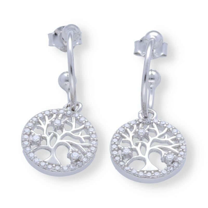 Pendientes plata de ley 925 semiaro 1x13,5mm con colgante de árbol de la vida de circonitas 12,5mm.