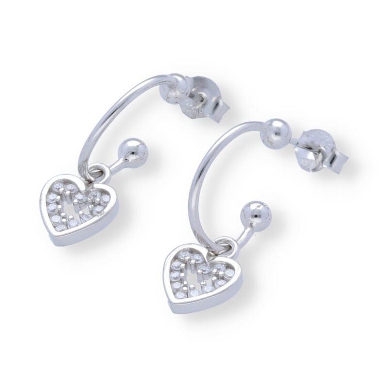 Pendientes plata de ley 925 semiaro 1x13,5mm con colgante de corazón de circonitas 10mm.
