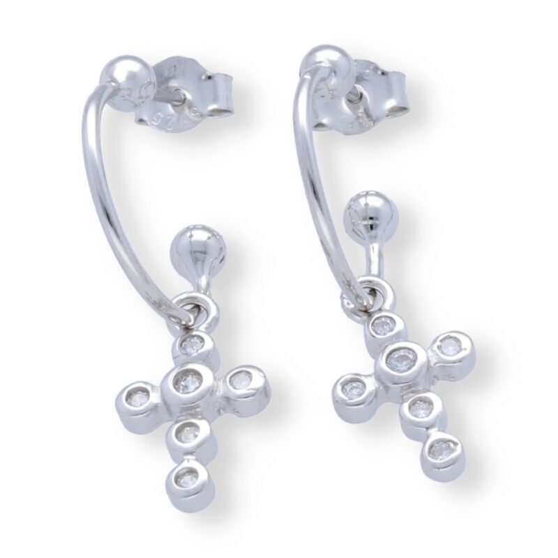 Pendientes plata de ley 925 semiaro 1x13,5mm con colgante de cruz de circonitas de 8x14mm.