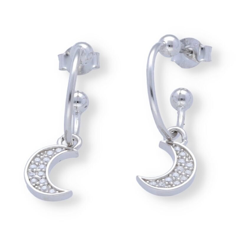 Pendientes plata de ley 925 semiaro 1x13,5mm con colgante de luna con circonitas de 11mm.