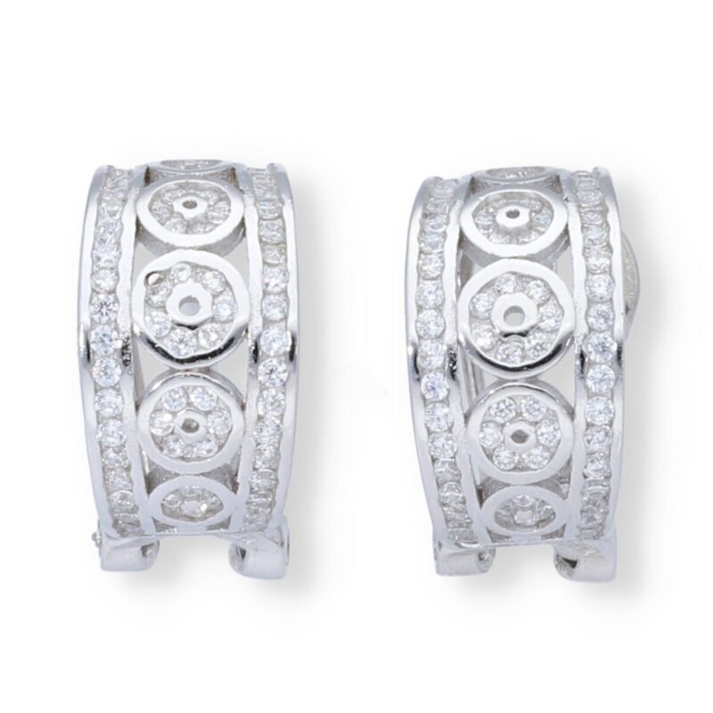 Pendientes plata de ley 925 semiaro con círculos troquelados de circonitas de 8x15mm y cierre omega.