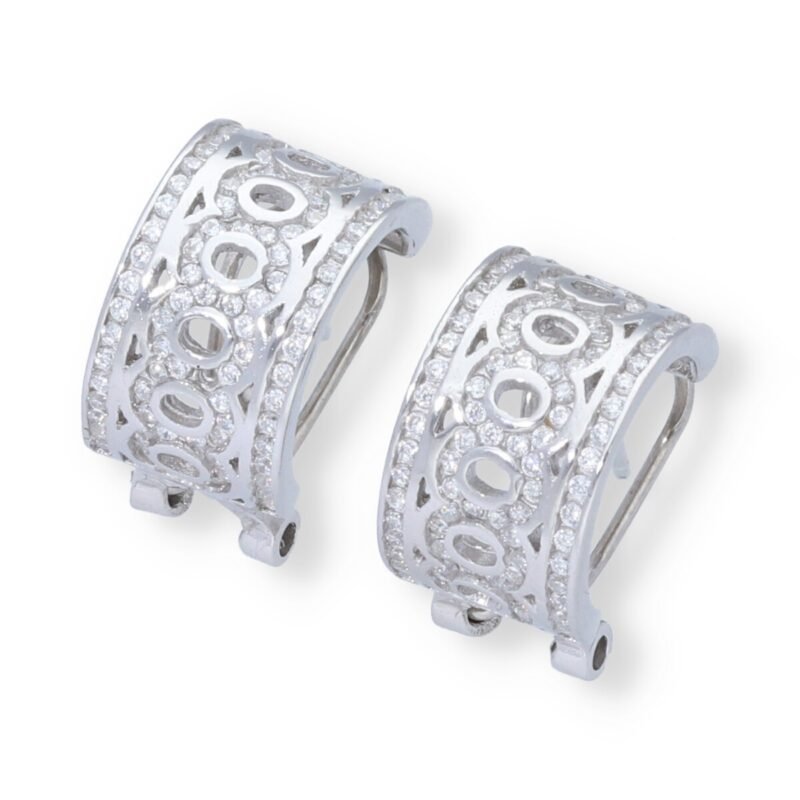 Pendientes plata de ley 925 semiaro con troquelado de círculos con circonitas de 8x15mm y cierre omega.