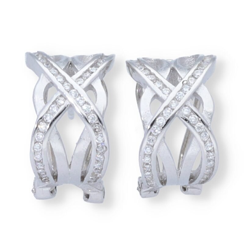 Pendientes plata de ley 925 semiaro con troquelado de ondas de circonitas de 8x15mm y cierre omega.