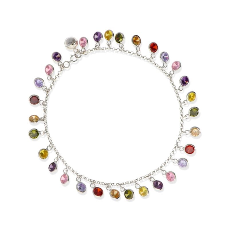 Tobillera de plata de ley 925 con circonitas de varios colores de 26cm de largo.