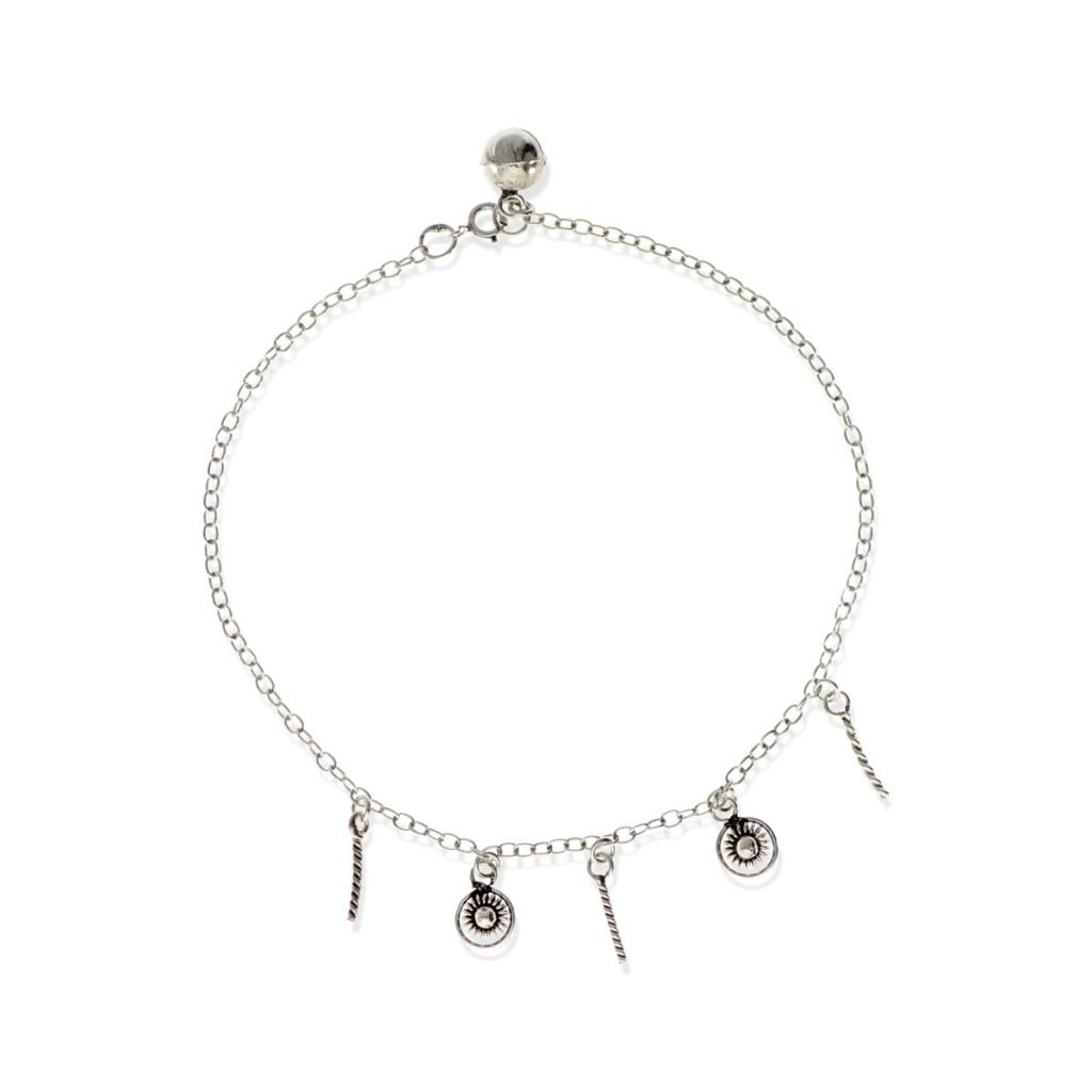 Tobillera de plata de ley 925 con flores y espirales de 25cm de largo.