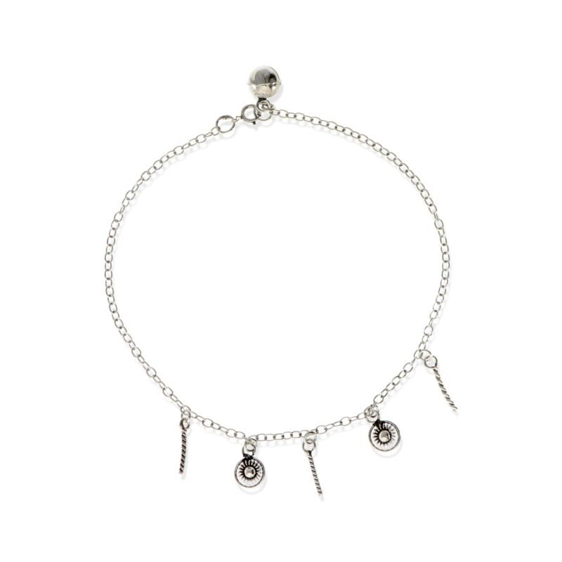 Tobillera de plata de ley 925 con flores y espirales de 25cm de largo.